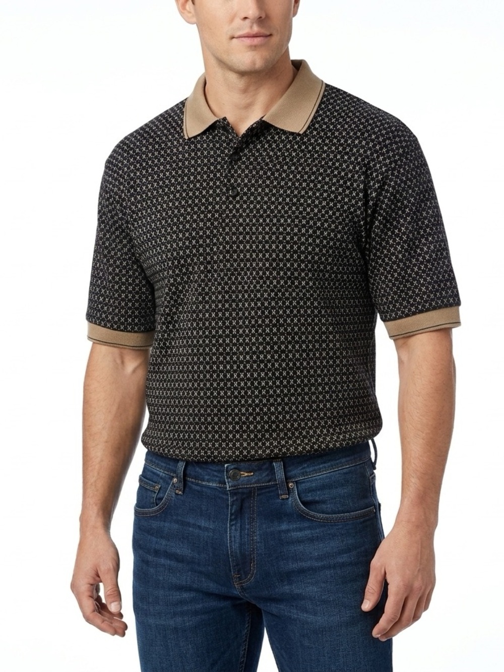Premier International Polo Shirt with Tan Trim Black Patterned (Size L)